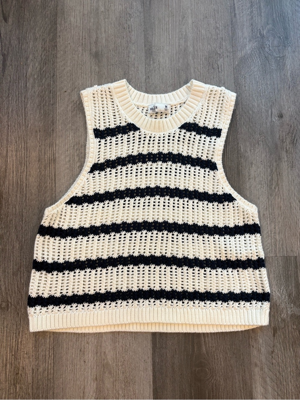 Hollister Cream Navy Striped Open Knit Sweater Vest Top M